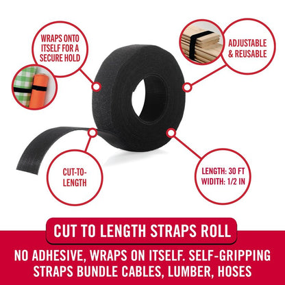 VELCRO Brand VEL-30765-AMS Extra Narrow Straps 1/2 in x 30ft Roll | Cut to Length Reusable Self-Gripping Tape | Organize and Bundle Electric Cords, Ropes, Cable Management Solutions, Wire Ties | Black