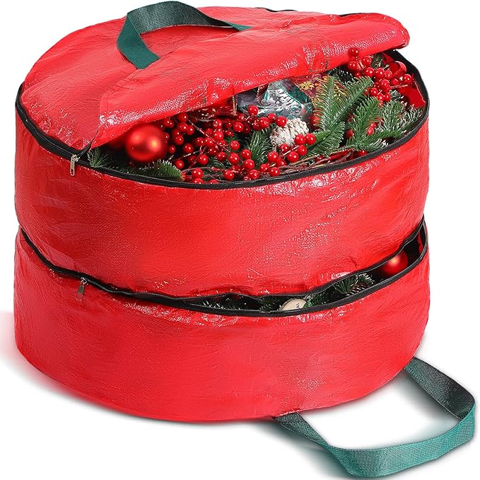 Double Layer Christmas Wreath Storage Container Bag Wreath Storage Pure Color Seasonal Garland Holiday Container Festive Box with Dual Zippers and Handles for Xmas(36 Inch,Red)