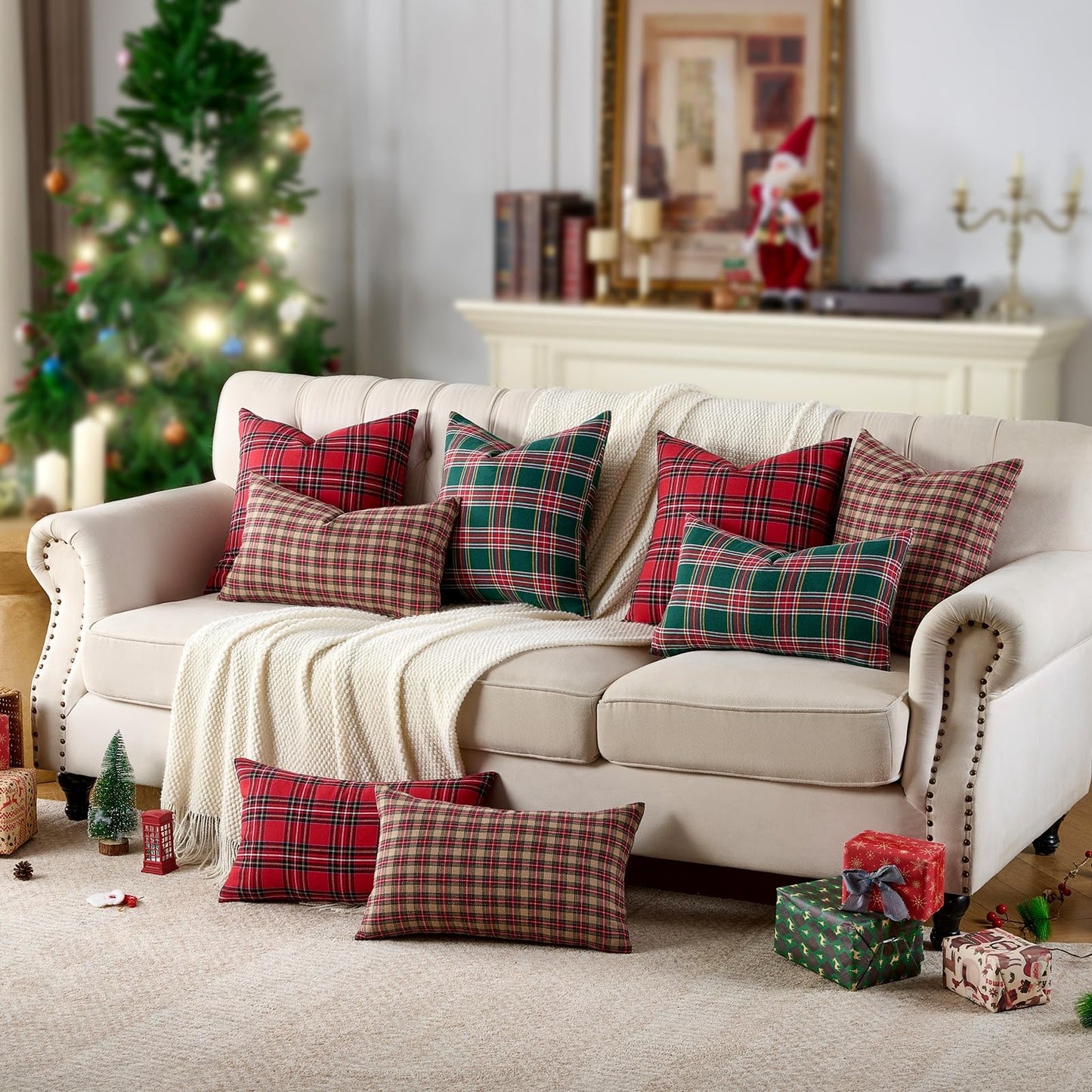 Red Tartan Plaid Christmas Decorative Throw Pillow Covers 18x18 Set of 2, Red Plaid Christmas Decor Tartan Pillows for Couch Bed & Living Room, Retro Classic Xmas Decorations for Winter Holiday