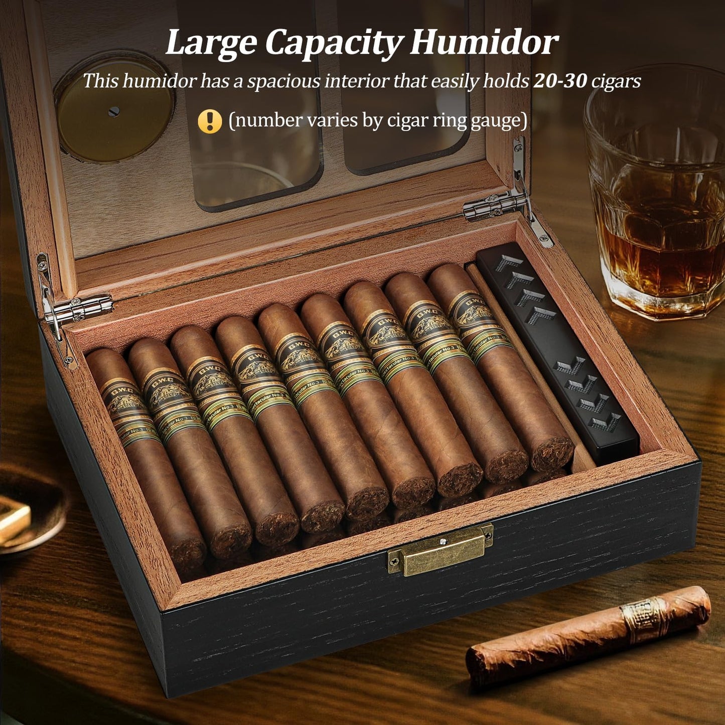 Usewire Cigar Humidor, Glass Top Cedar Cigar Case, Cigar Box for 20-30 Cigars with Hygrometer, Humidifier, Desktop Cigar Humidor, Cigar Lovers Gift (Black)