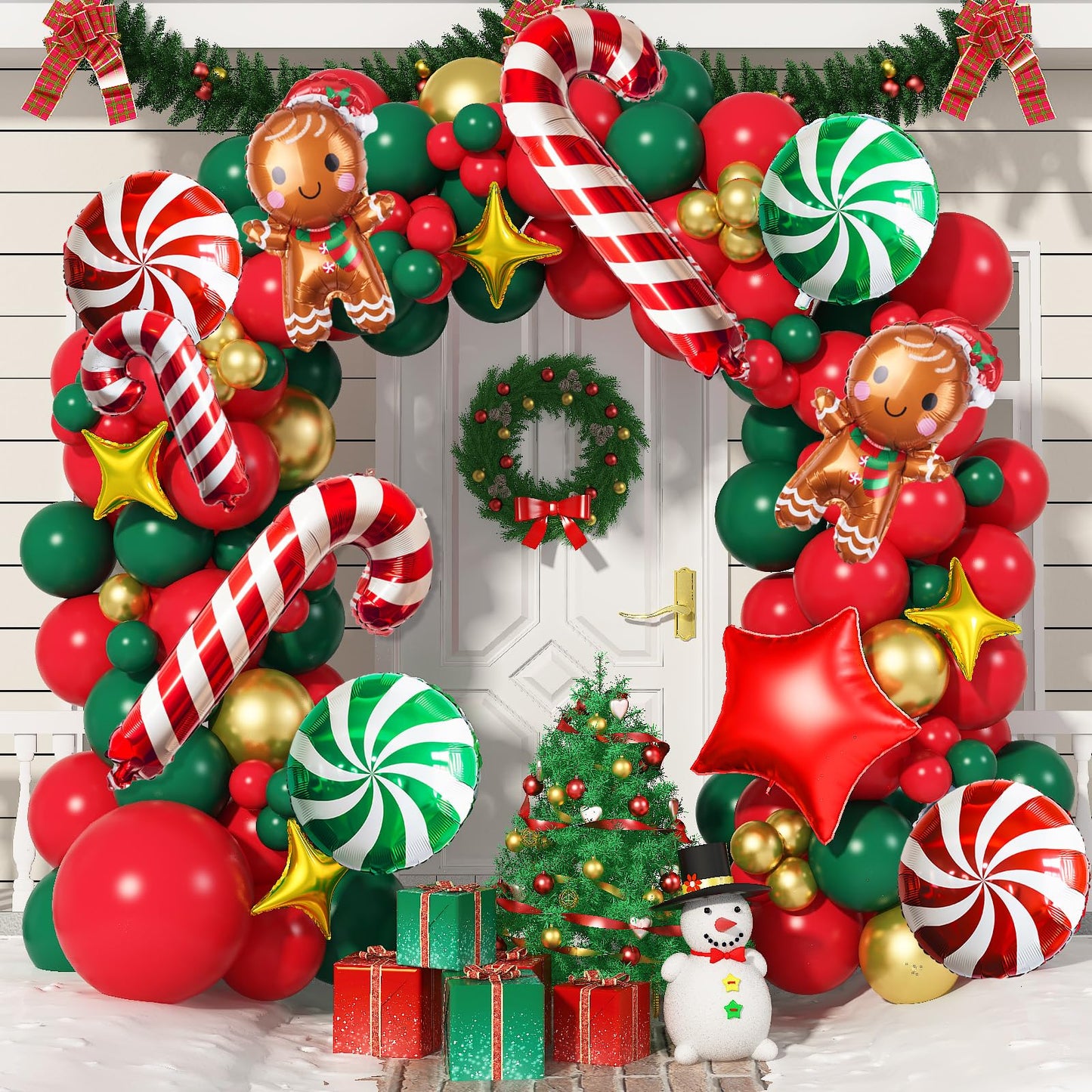 Christmas Balloon Garland Arch Kit Red Green Gold Latex Balloons Large Gingerbread Man Red Green Lollipop Candy Mini Cane Foil Balloons with Four/Five Pointed Star for Xmas New Year Party Decorations