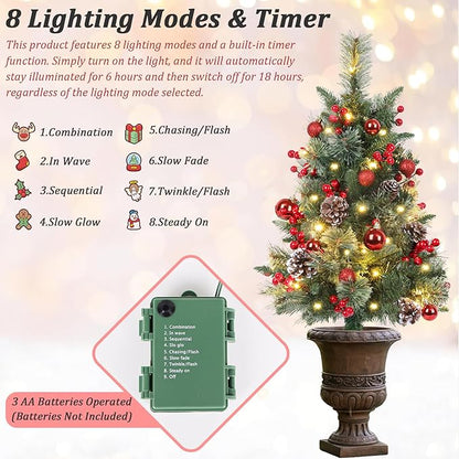 Set of 2 Outdoor Pathway Christmas Trees with Lights, 30in Prelit Battery Operated Artificial Xmas Tree Holiday Décor for Porch, Urn & Planter Filler, Red Berries, Pine Cones, Ball Ornaments