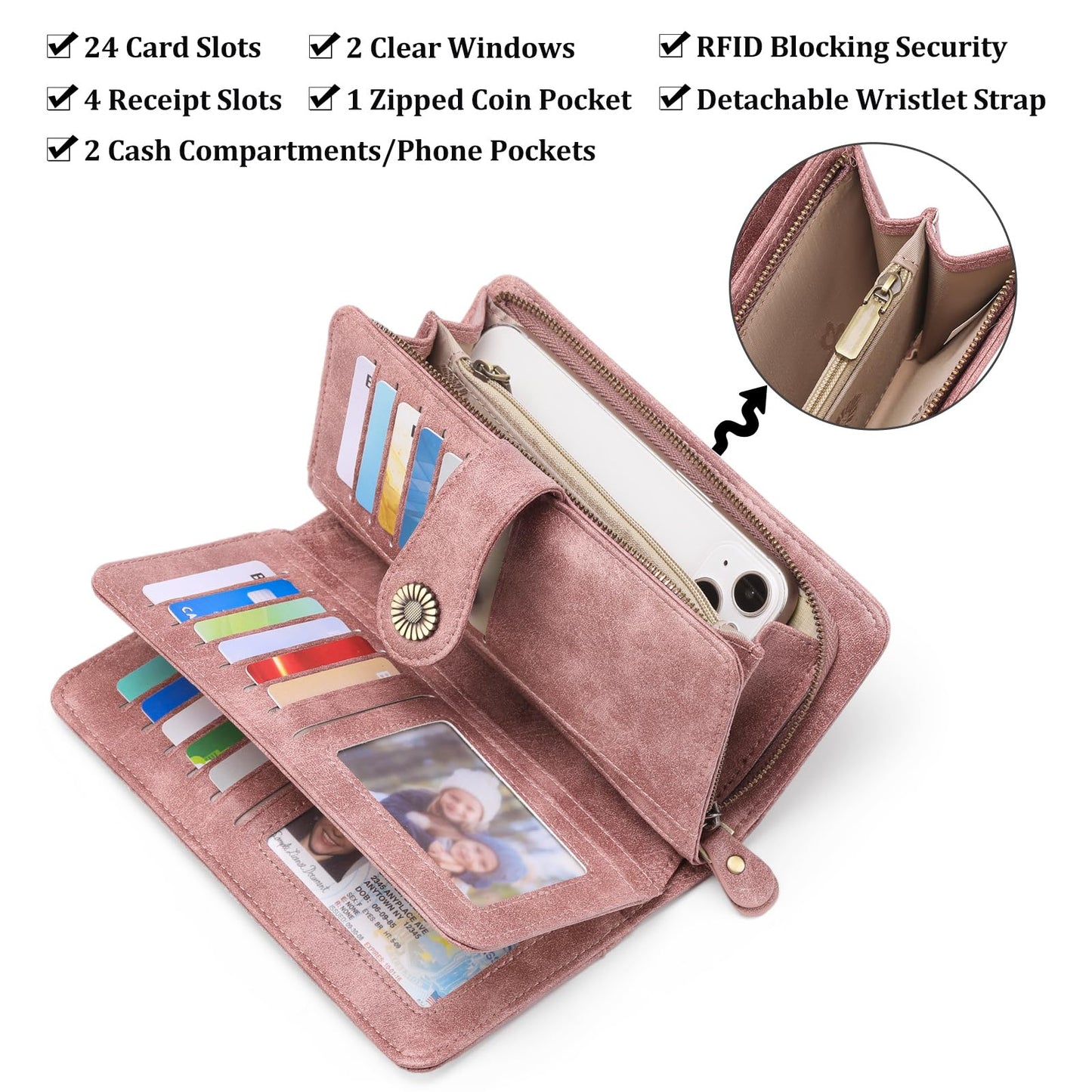 FALAN MULE Women's Wallet Leather RFID Blocking Large Capacity Trifold Ladies Wallet Wristlet Clutch Card Holder