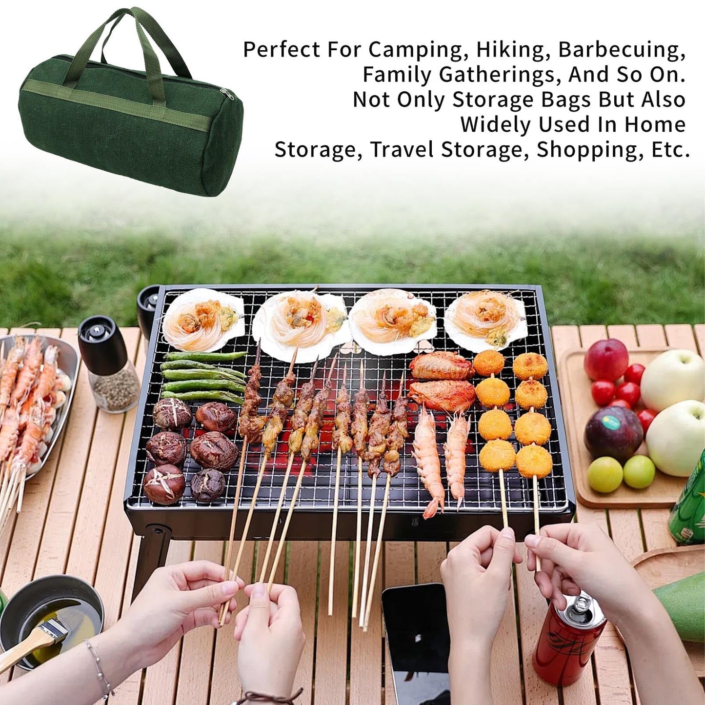 Fvbiywpil Grill Accessory Storage Bag, 24"" Extra Thick Canvas Grill Utensil Storage Bag, Double Zipper Grill Tool Storage Bag, BBQ Tool Storage Bag Carry Bag for Camping Hiking Barbecue, Dark Green