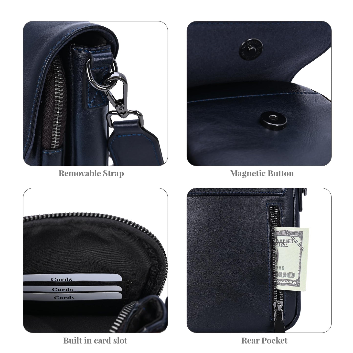 HESHE Leather Small Crossbody Bags for Women RFID Blocking Cell Phone Purse Anti-Theft Travel Bag with wide Straps (Navy Blue)