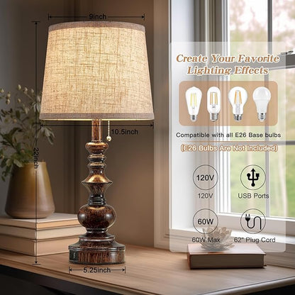 22'' Farmhouse Bedside Table Lamps Set of 2 for Bedroom Nightstand Lamps with USB A+C Charging Ports Traditional Small Table Lamp for Living Room End Tables,Pull Chain,Bulbs Not Included