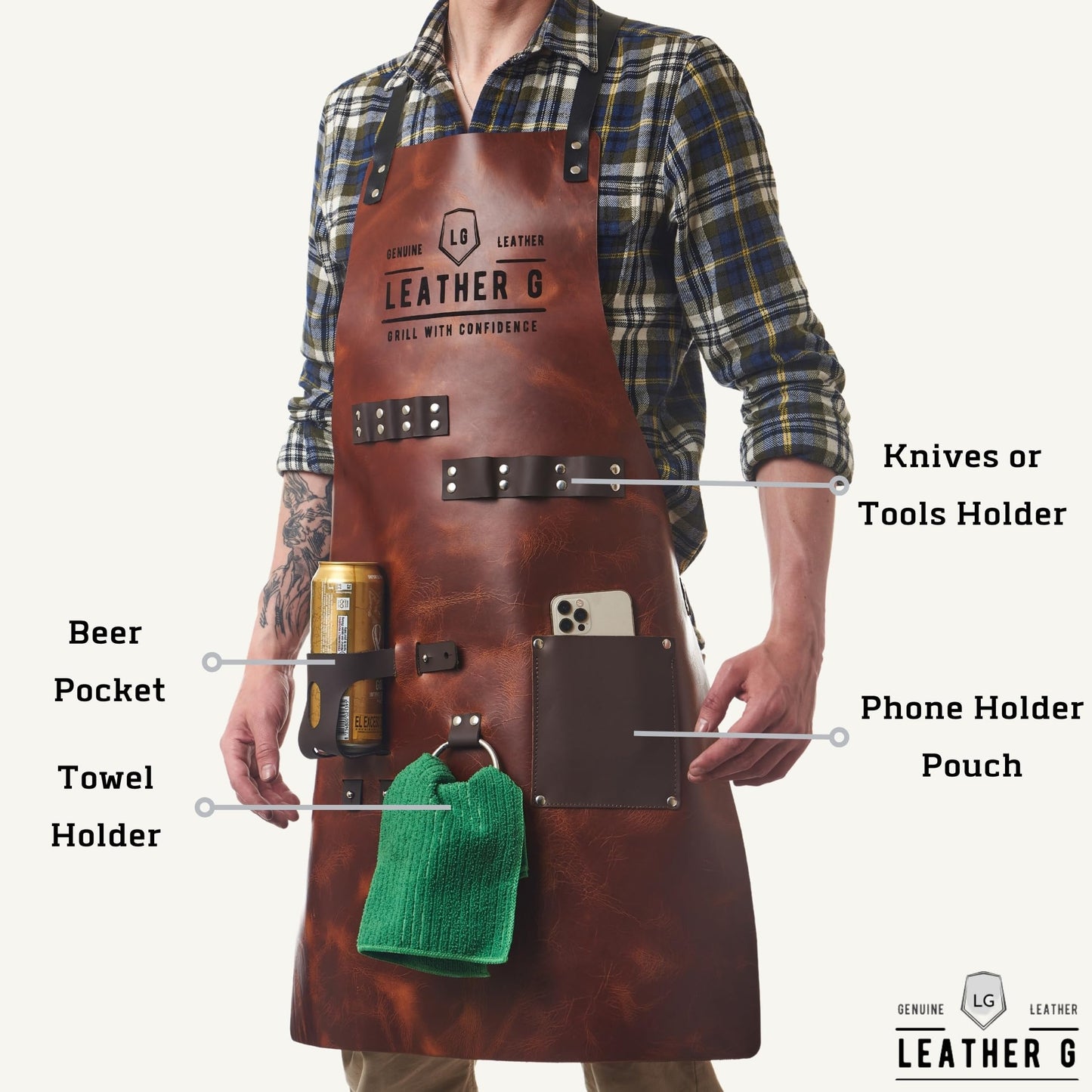 Leather G, Grill Apron with Beer Holder and Hand Towel, BBQ Pitmaster Apron – Heavy Duty, Made of Genuine Leather – Storage Pockets and Adjustable Straps for Grilling, Cooking (Brown Leather)