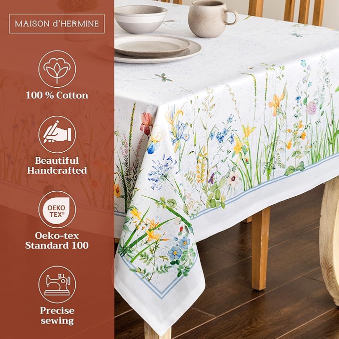 Maison d' Hermine Table Cloth Square Table 100% Cotton 60 x 60 Inches Tablecloth Reusable Decorative for Dining Room, Farmhouse, Home, Party, Festive & Wedding Spring Summer - Fleurs De Mai