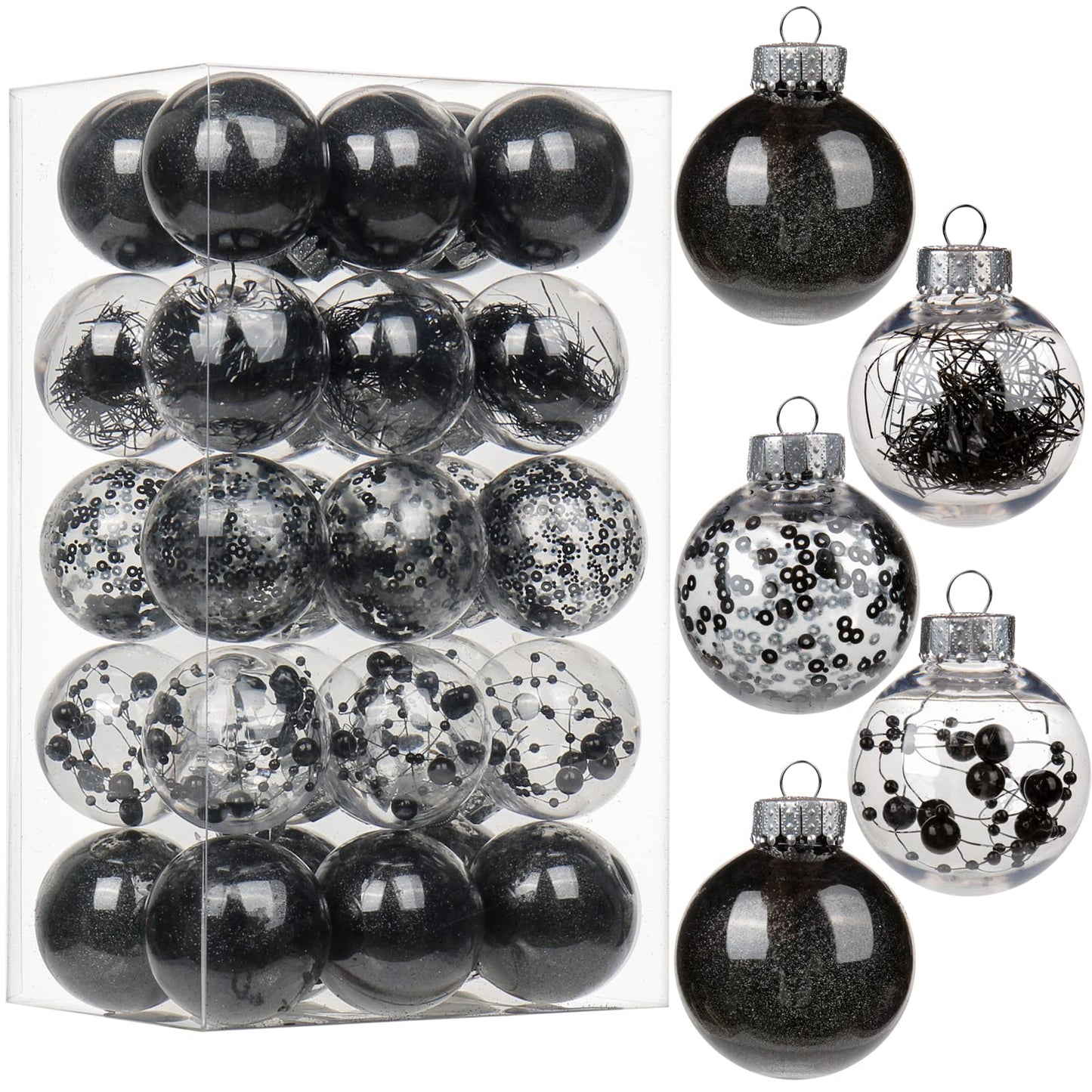 Briful 30PCS Shatterproof 2'' Halloween Tree Balls Set - Black & Clear Decorative Hanging Ornaments for Xmas Tree & Party Decoration