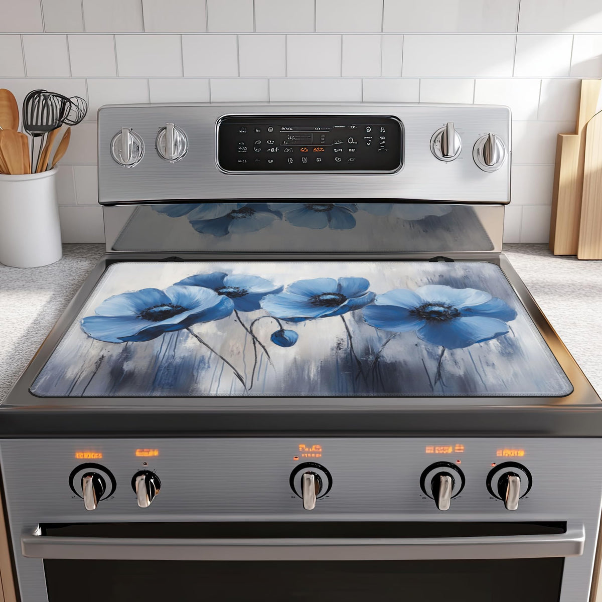 Stove Top Cover for Electric Stove,Vintage Blue Flower Anti-Slip Heat Resistant Rubber Flat Top Oven Cover Mat, Dish Drying Mat 28.5'' x 20.5''