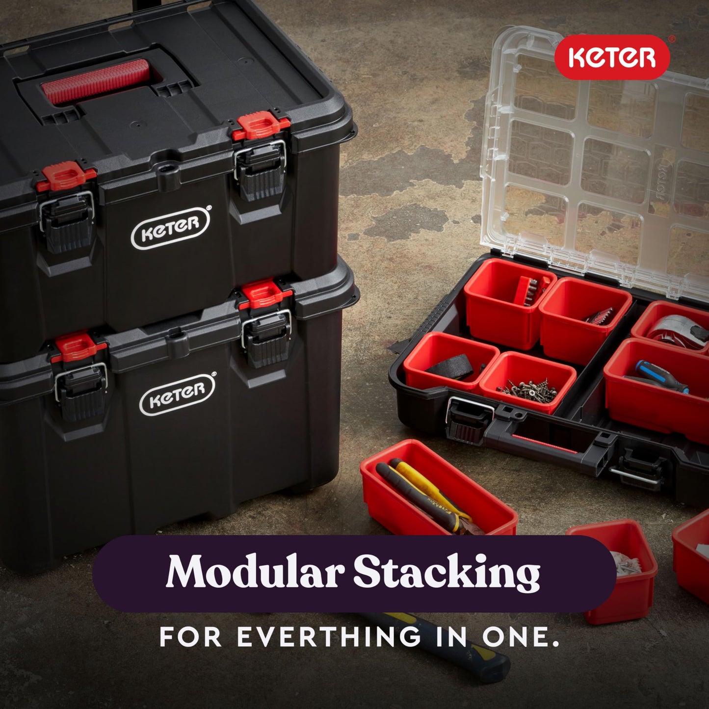 Keter Stack-n-Roll Modular Tools Organizer for Garage Storage and DIY, 3 Piece Resin Rolling Tool Box System for Small Parts, Black