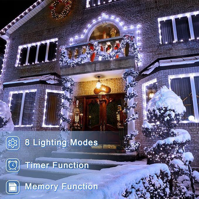 200 LED 66ft Christmas String Lights Indoor Outdoor, 8 Modes Christmas Fairy Lights with Timer & Momory, IP44 Waterproof Christmas Tree Lights for Xmas Patio Yard Fence Balcony Garden (Cool White)