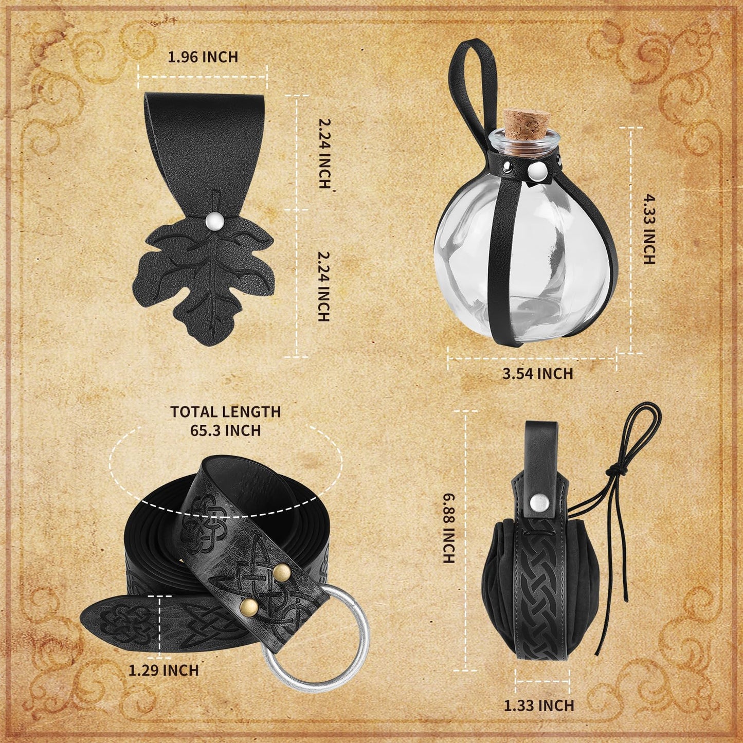 JBKN Women Renaissance Accessories Medieval Viking Belt Potion Bottles Belt Bag Leather Skirt Hikes for Halloween Festival Cospl