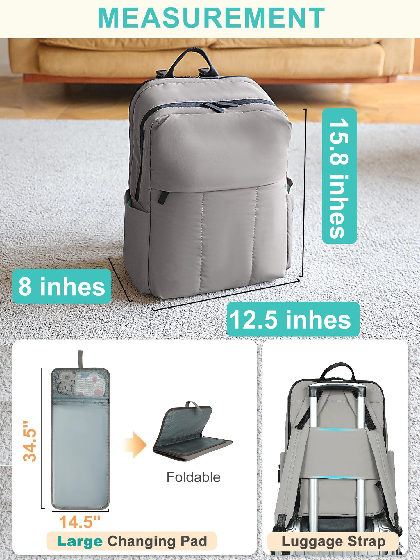 MOMINSIDE Diaper Bag Backpack - Large Puffer Diaper Bag - Neoprene Diaper Bag Quilted Baby Bag, Large Changing Pad, 15 Pockets, Lightweight, Grey