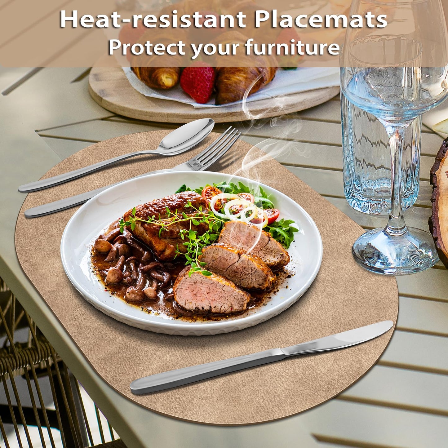 ADRIMER Placemats, Heat Resistant Oval Placemats Set of 8 Washable 12 x 17 Inch, Waterproof Table Placemats Set of 8, Wipeable Faux Leather Placemats for Kitchen, Dining Room, Apricot