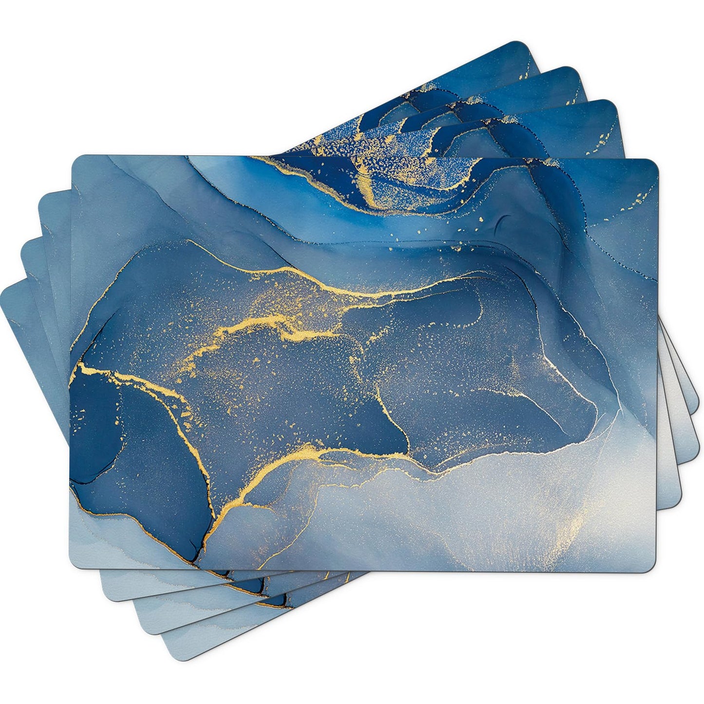 Aimego Marble Placemats Set of 4 - Blue and Gold Faux Leather Table Place Mats Set Wipe Clean Waterproof Heat Resistant Anti Slip Washable Placemat for Indoor Outdoor Kitchen Dining Table, 17" x 12"