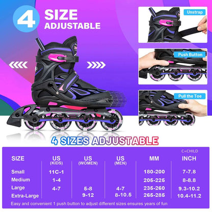 2PM SPORTS Vinal Girls Adjustable Inline Skates with Light up Wheels Beginner Skates Fun Illuminating Roller Skates for Kids Boys and Ladies… (Violet & Magenta, Large - Youth (4Y-7Y US))