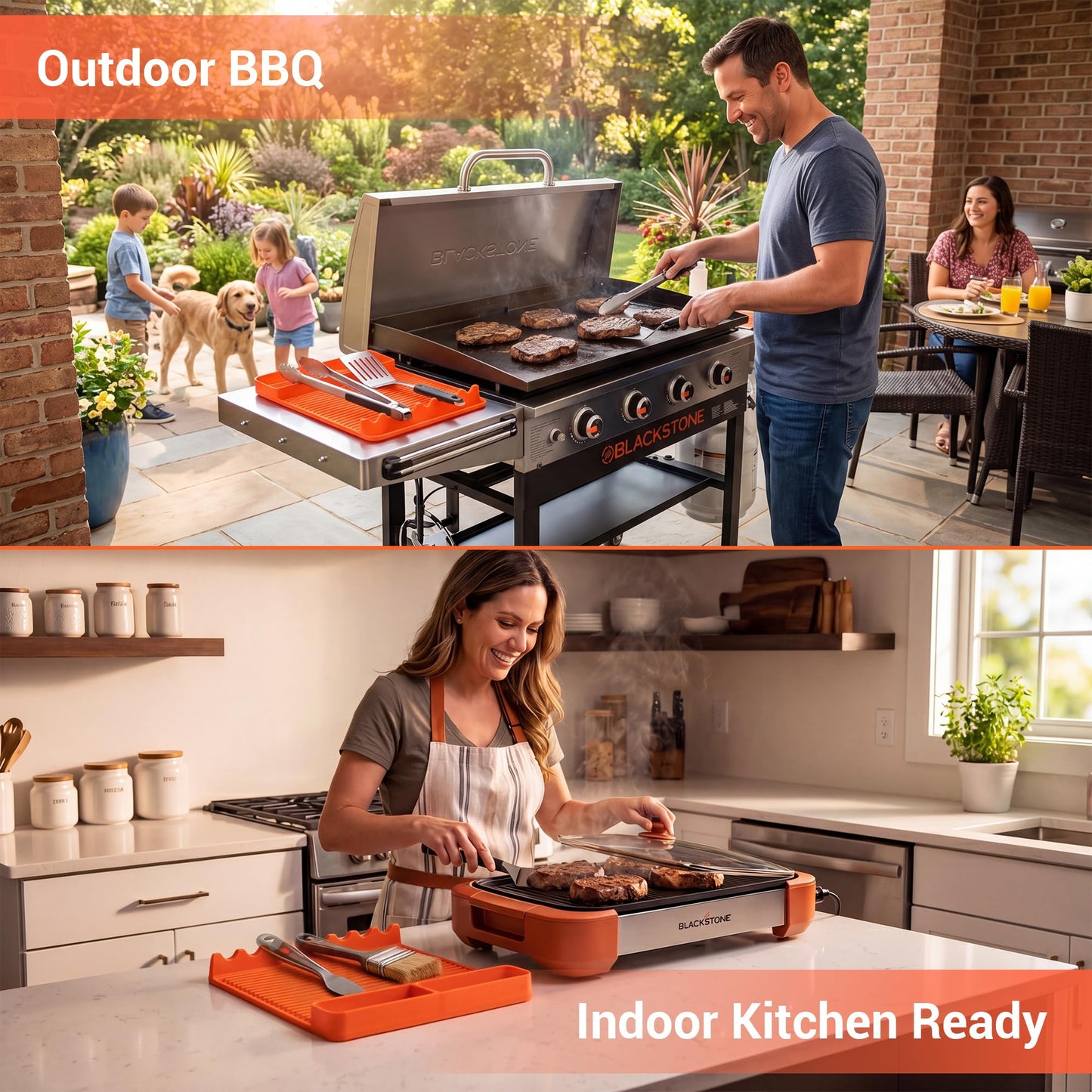 WZGUSXN Heat Resistant Silicone Grill Mat for Blackstone - 2Pack 16x11.5'' Non-Slip BBQ Tool Mat, Outdoor Cooking Camping & Tailgating, for Men Grilling（Orange）