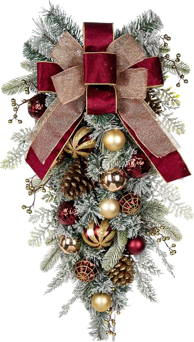 30" Christmas Teardrop Swag for Front Door Artificial Winter Swag Garland with Pine Cones, Berry Clusters, Burgundy Ball Ornaments and Ribbons for Thanksgiving Holiday Christmas Decoration