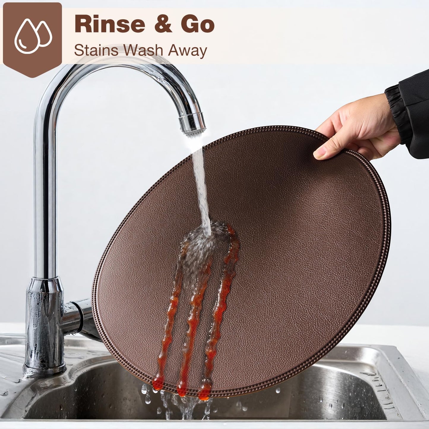 Rinpon Round Vinyl Brown Placemats Set of 6, Faux Leather Waterproof Wipeable Heat Resistant Place Mats, Washable Table Mats for Halloween, Thanksgiving & Christmas Dinner(Dark Brown)