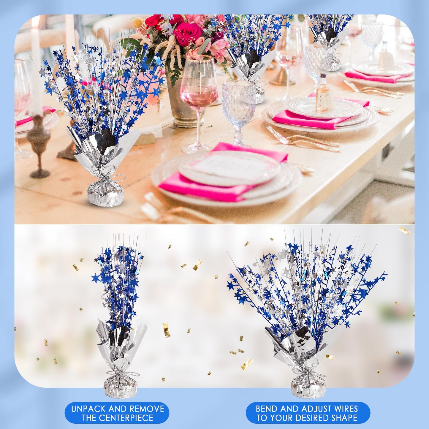 12 Pack Metallic Foil Spary Centerpieces for Tables, Silver NavyBlue Centerpieces for Tables Decorations, Star Brust Table Centerpieces for Birthday Graduation Wedding Baby Shower Party