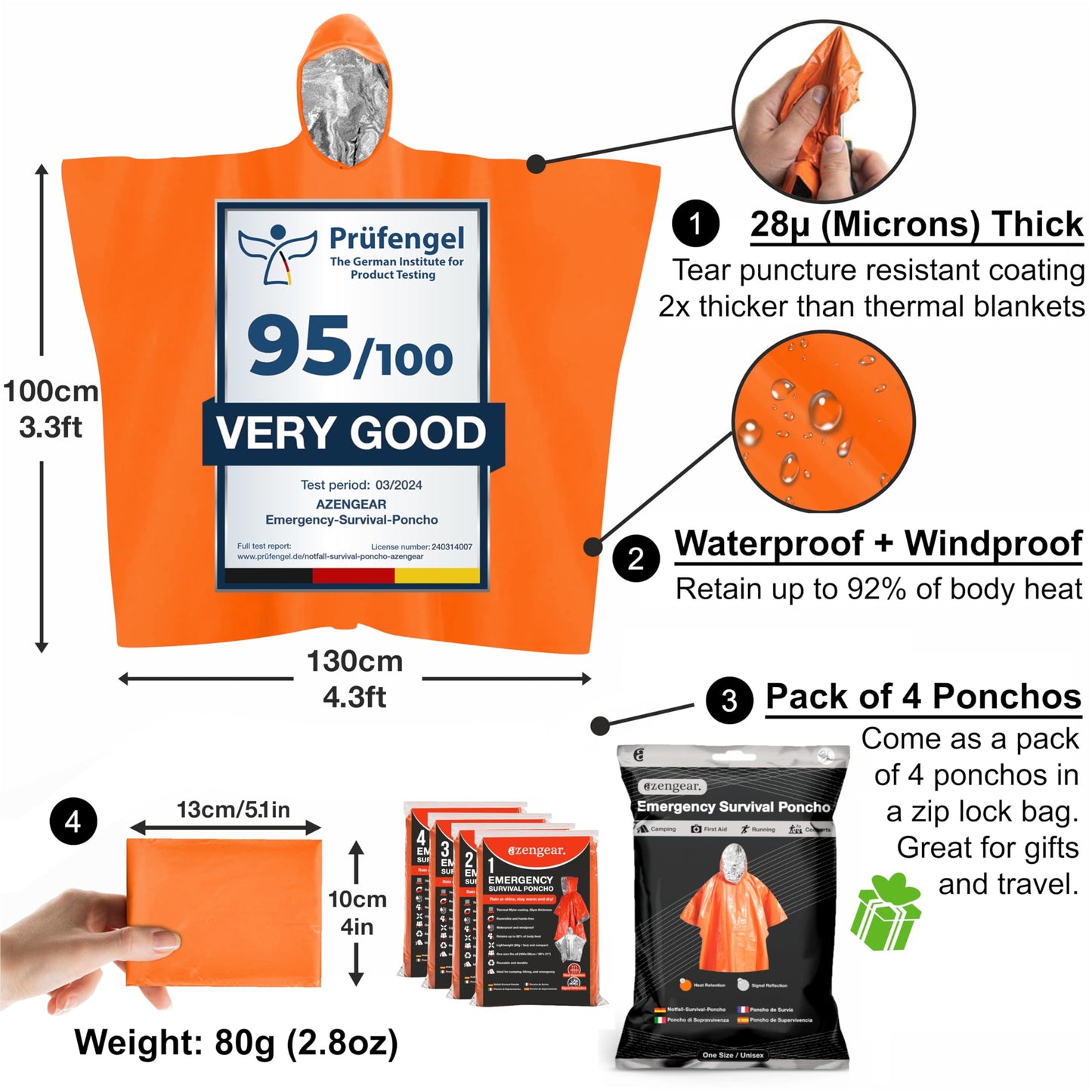 Emergency Survival Foil Poncho (4 Pack) Reversible Thermal Mylar, Orange