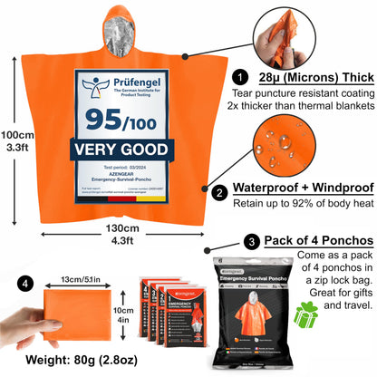 Emergency Survival Foil Poncho (4 Pack) Reversible Thermal Mylar, Orange