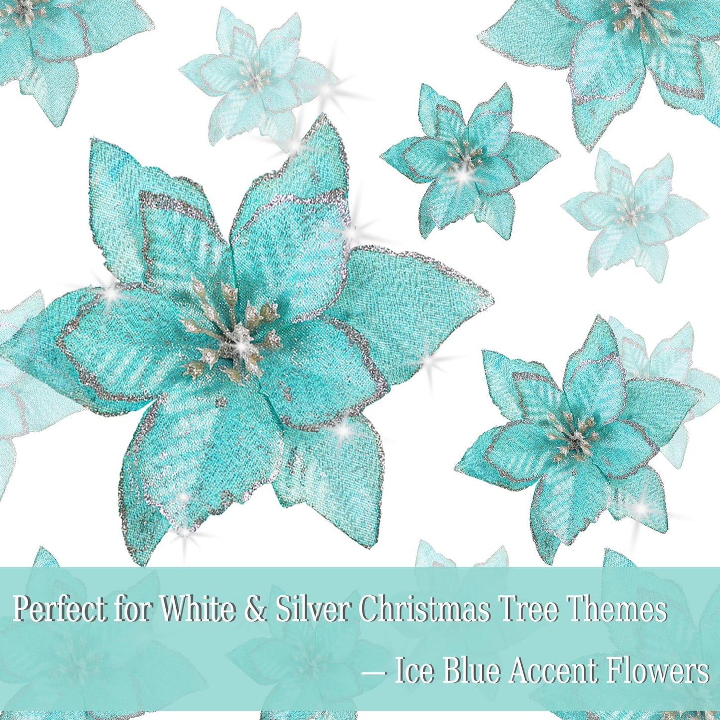 KEPATO Christmas Poinsettia Ornaments Ice Blue, 12 Pcs 6" Artificial Flowers, Glitter Teal Blue Christmas Tree Decorations for Winter Wonderland Theme