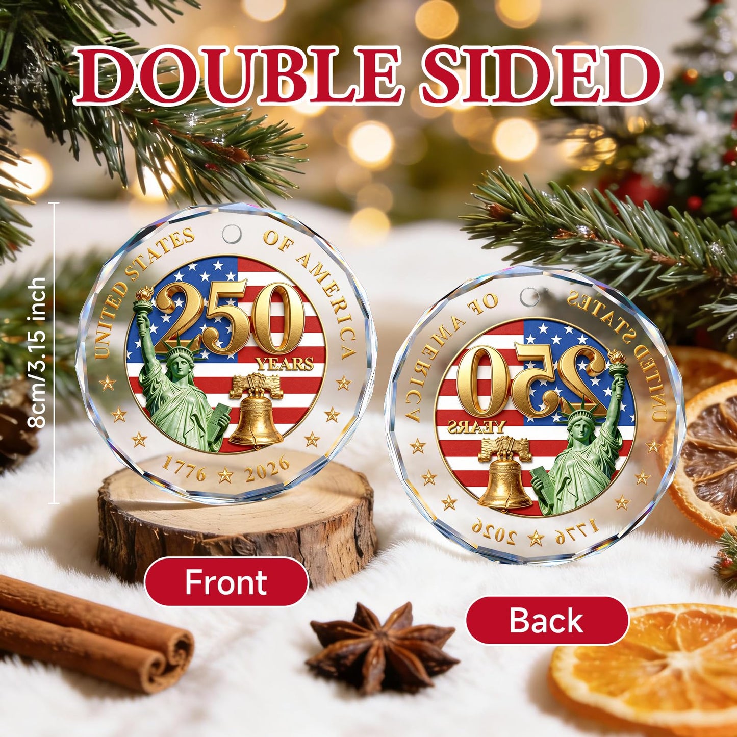 250 Anniversary USA Ornament for Fourth of July Decorations, Crystal Glass 1776-2026 Liberty Bell Memorial Day Decorations, USA 250th Anniversary Merchandise 4th of July Gifts for Men Women