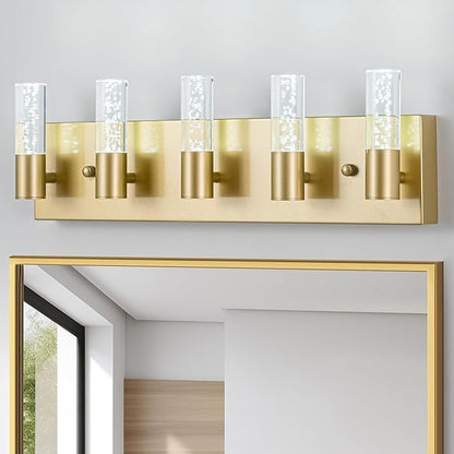 Bathroom Vanity Light Fixtures Over Mirror, Brushed Golden Finish Coating, 5 Light Wall Sconces for Bathroom