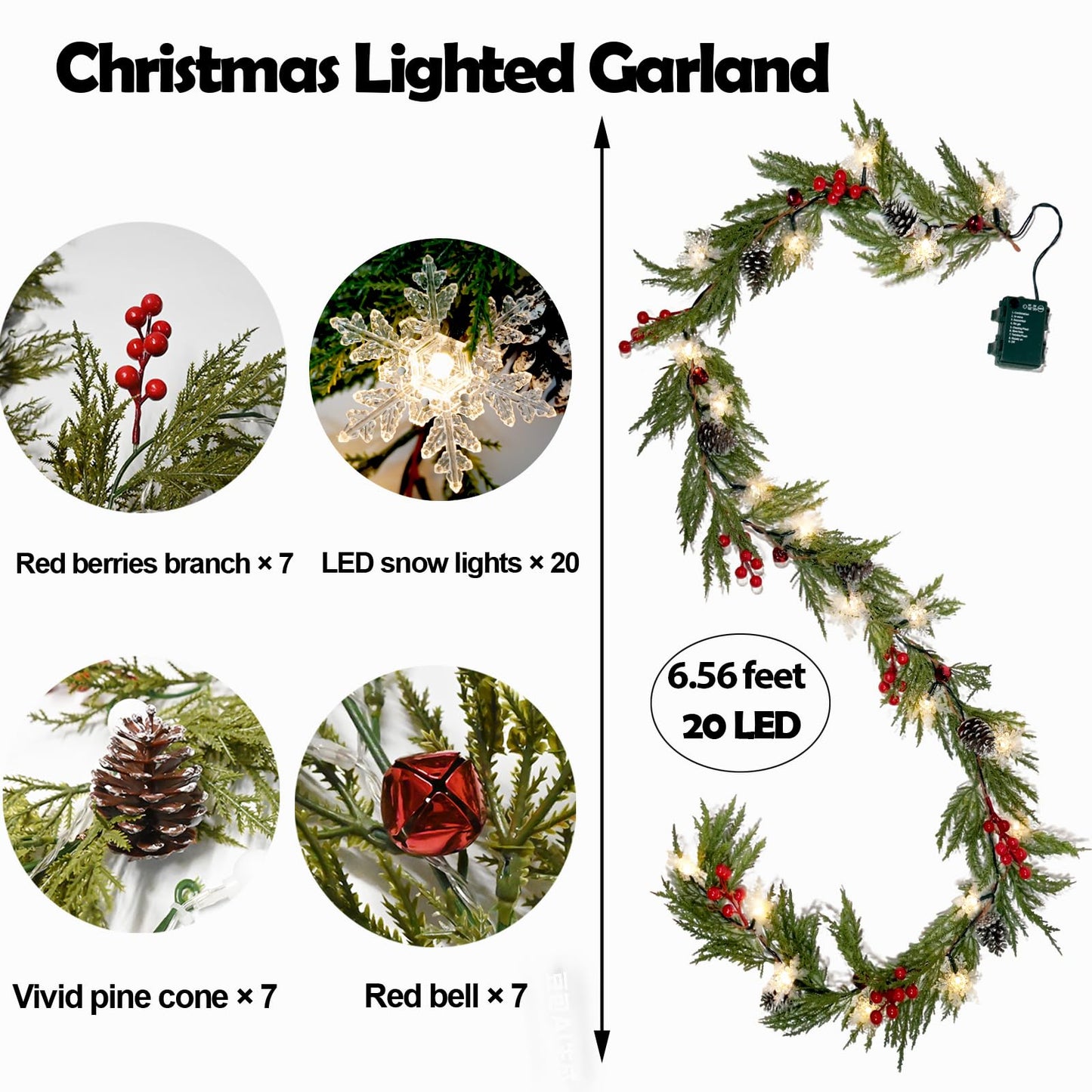 Christmas Garland Lights 6.56FT 20 Snow LED Pine Garland with Lights Battery Operated with Bells Red Berries Pinecones Cypress Greenery Garlands Decoration for Xmas Tree Mantle Door Stairs Home Decor