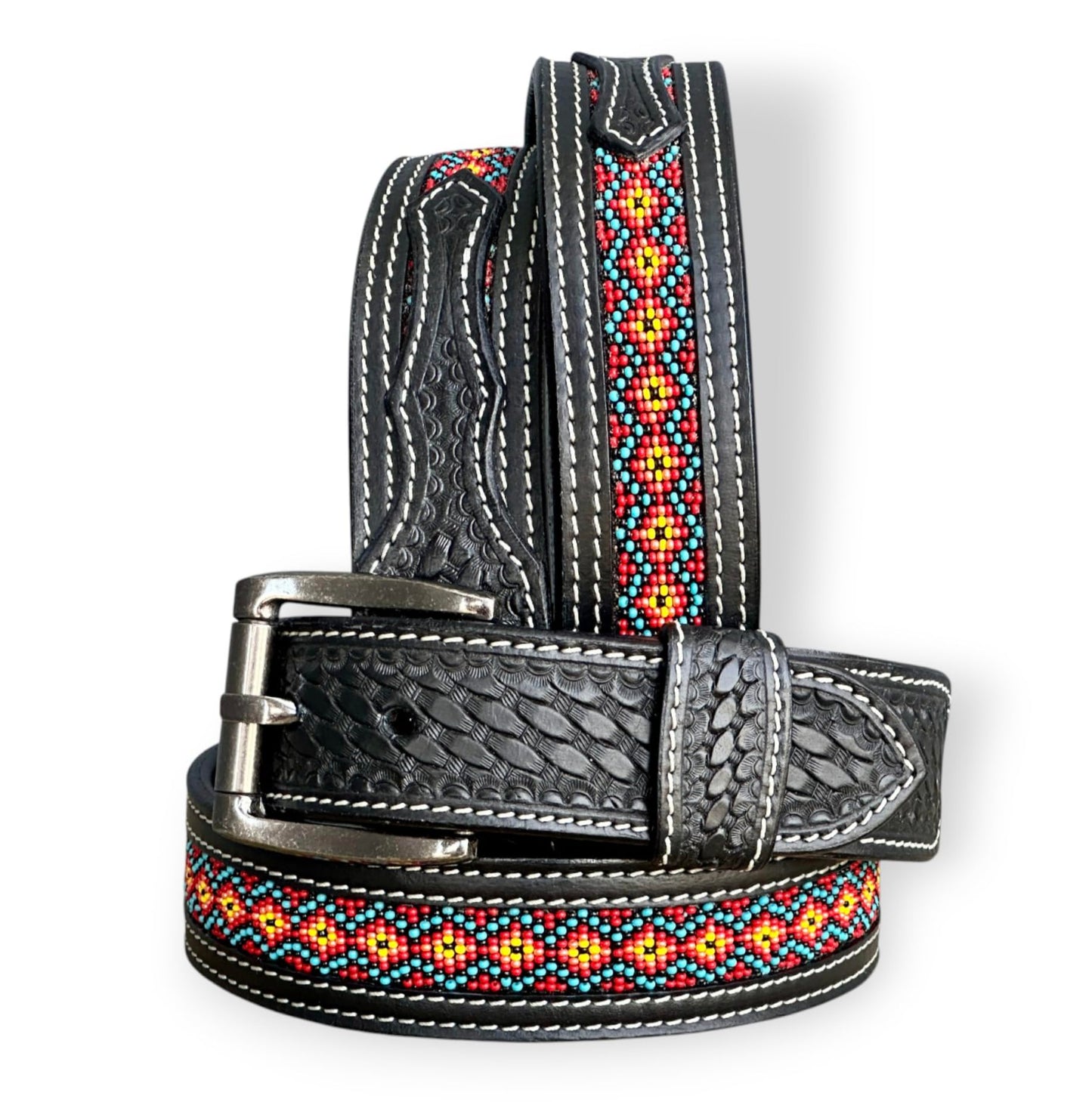 DANIEL'S ARTPLANET Western Belt for Men Handmade Full Grain Leather Beaded Tooled Cowboy Belt with Removable Buckle 1.5”