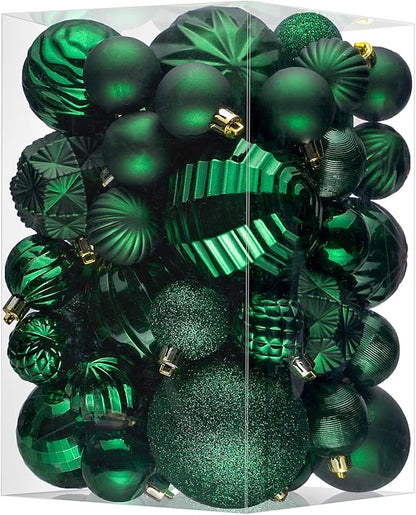 JORNOY Christmas Tree Ornaments Set, 47 Pack Assorted Shatterproof Hanging Balls Decorations, Plastic Bulbs Bulk with Lanyard for Home Holiday Party Decor, 3-Sizes (Dark Green)