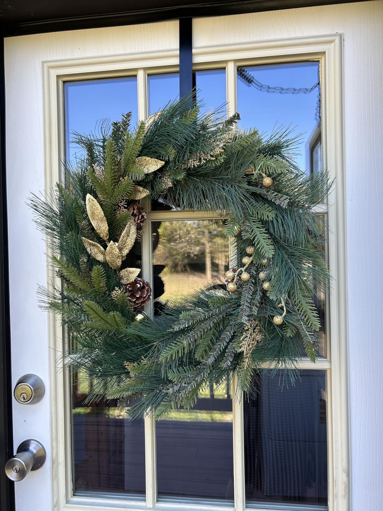 NeoL'artes 26inch Gold Wreath for Porch Front Door Mantle and Fireplace Wrapped Grapevine with Ornaments Snow Pinecones Winter Season Home Decor
