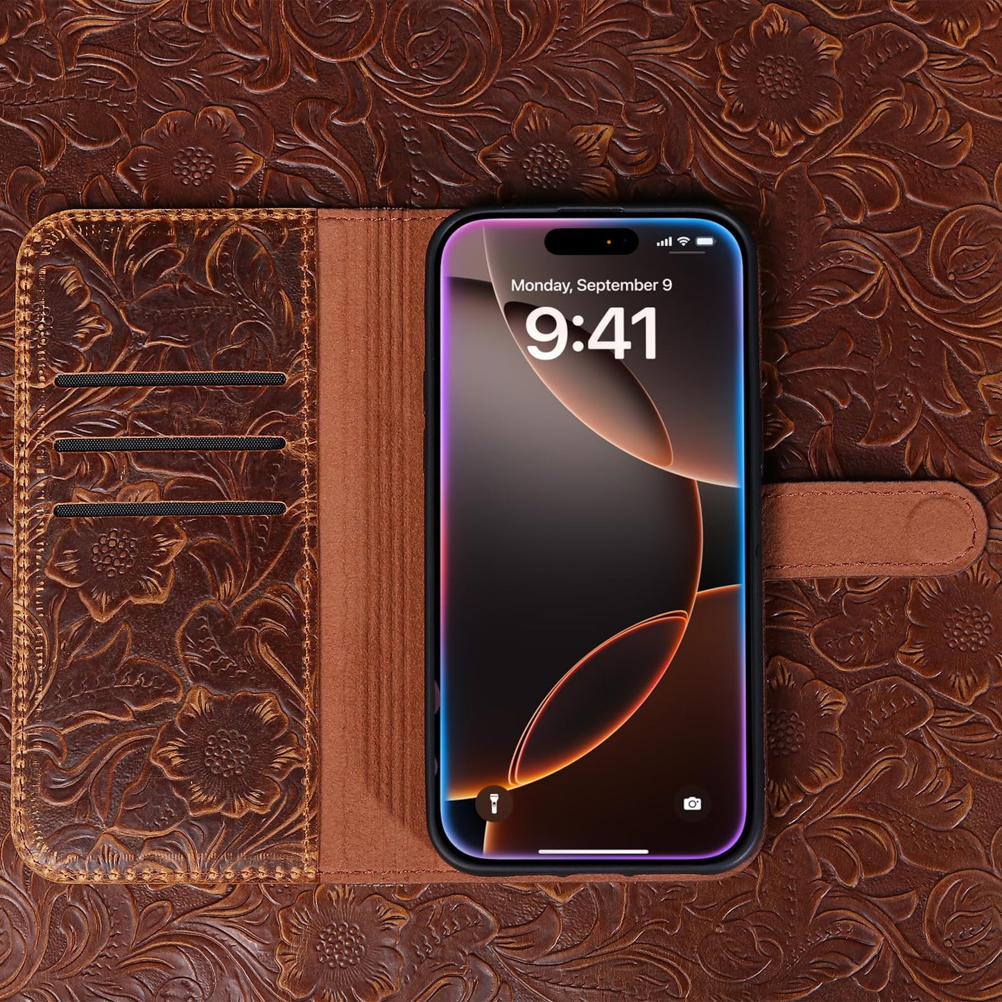 RMAWRAD Leather Case Compatible with iPhone 16 Pro Max Wallet 6.9",Genuine Leather 2in1 Magnetic Detachable Shockproof Kickstand,Flip Folio Cover with Card Slot,Wireless Charging RFID Blocking Brown