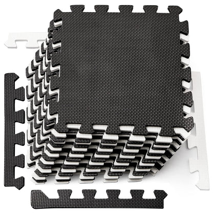 DEAYOU 16 Tiles Interlocking Foam Mat Floor Tiles, 12" x 12" EVA Foam Puzzle Mat with Borders, 0.4" Thick Soft Protective Exercise Padding Mats for Fitness, Play, Gym, Black and Cream White