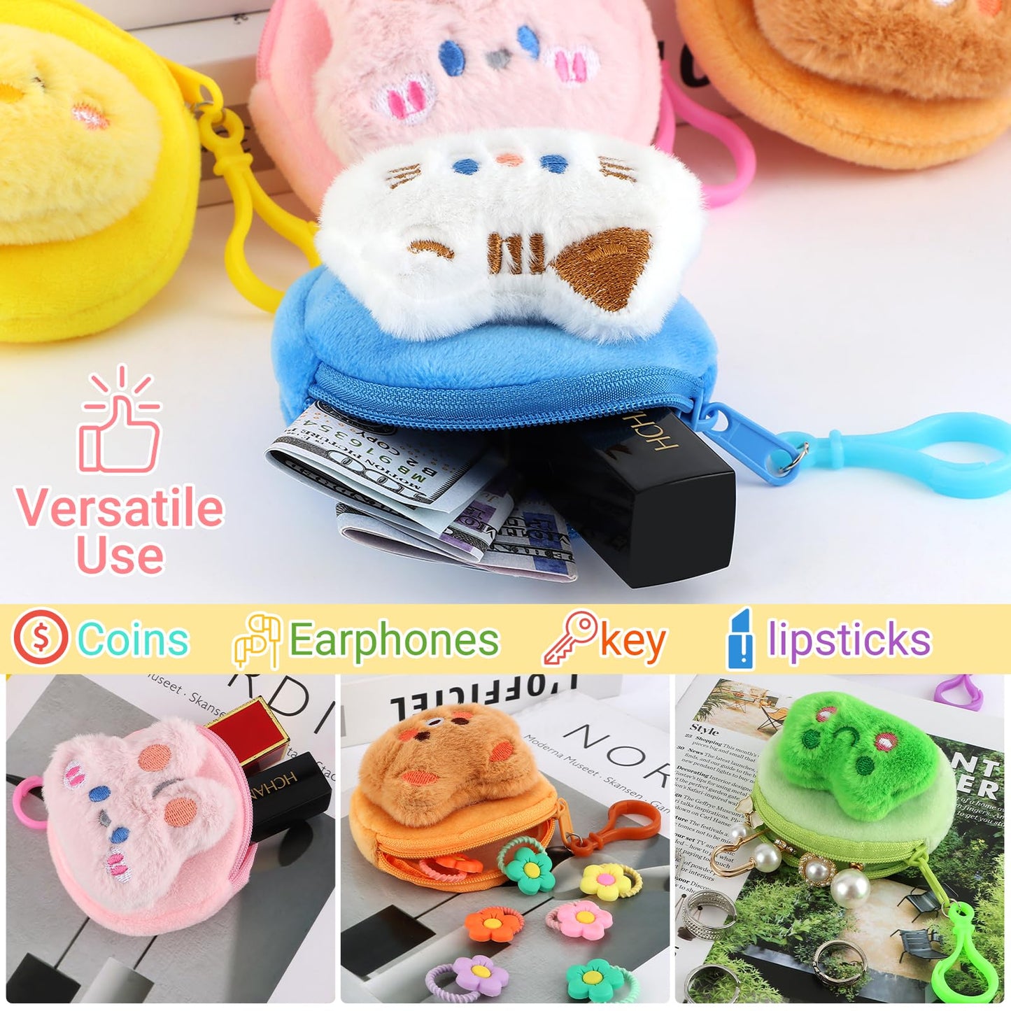 24 Pcs Cute Coin Purse for Women, Kawaii Plush Coin Pouch, Mini Wallet with Zipper Keychain, Small Change Purse for Women on Back to School Halloween Christmas Exchange Gifts