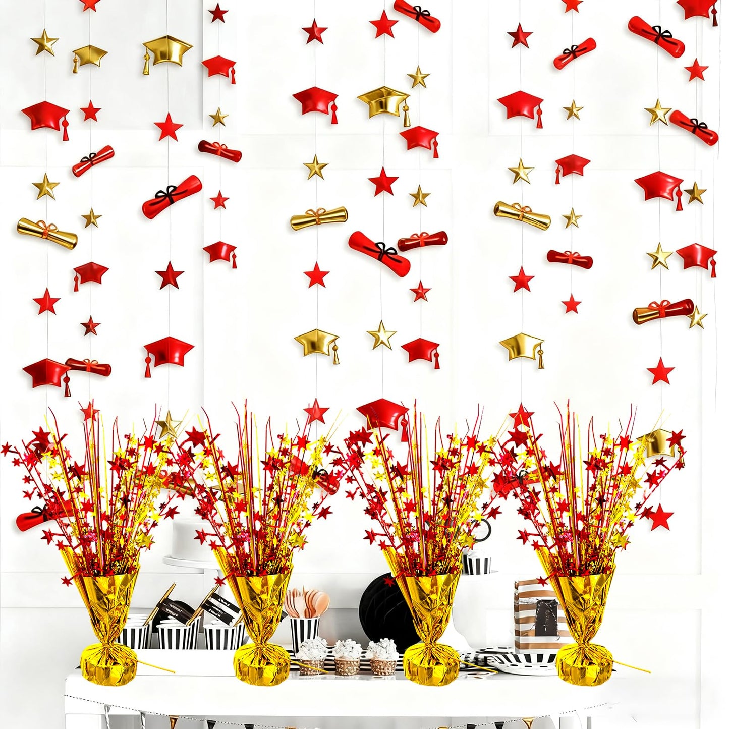 YinNorth 6 Pack Metallic Foil Spray Table Centerpiece Decoration Star Brust Glitter Table Topper Decor for Birthday Circus Casino Graduation Christmas New Year's Eve Party Supplies Red Gold