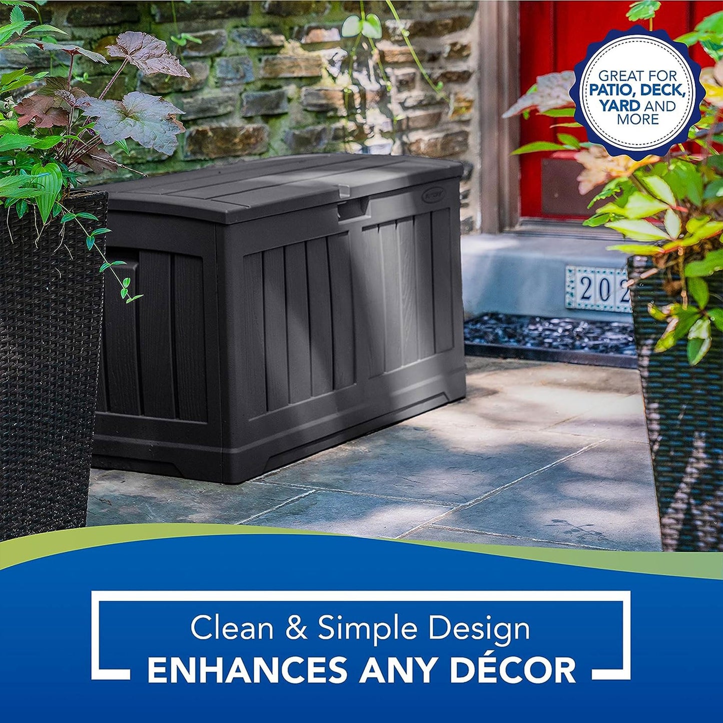 Suncast 50 Gallon Medium Capacity All Weather Construction Resin Outdoor Storage Deck Box with Arched Lid for Patio, Garden, or Pool, Peppercorn