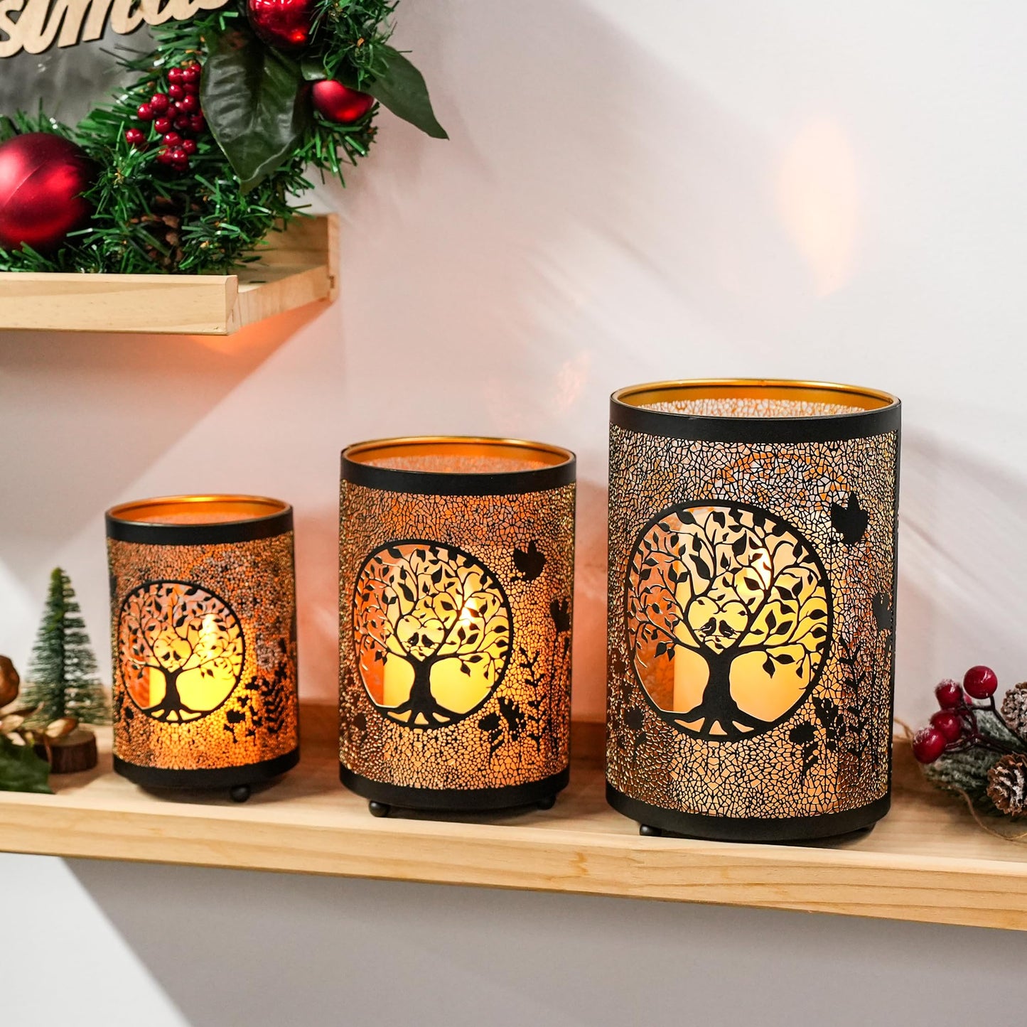 TRIROCKS Tree of Life Candle Lantern 7.5" H Etched Bronze Metal Candle Holder Decorations for Living Room Tabletop Parties Patio Entryway Indoors Outdoors(3PCS)