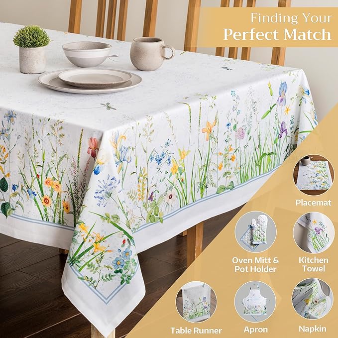 Maison d' Hermine Table Cloth Rectangle Table 100% Cotton 60 x 90 Inches Tablecloth Reusable Decorative for Dining Room, Farmhouse, Home, Party, Festive & Wedding Spring Summer - Fleurs De Mai