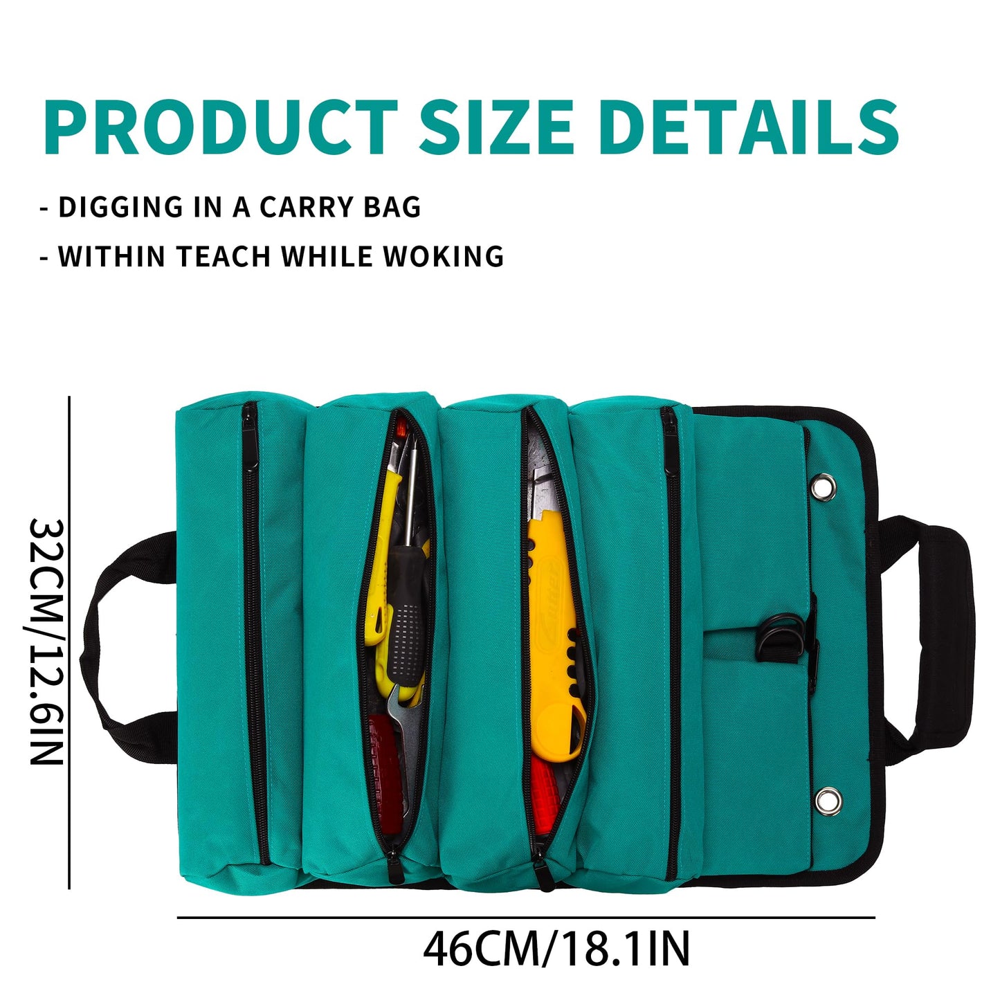 W WINTMING Tool Roll Bag, Tool Bag Organizer, Tool Carrier Roll UP Storage Pouches with 6 Zipper Pockets & Strap, Gifts for Men Mechanic Electrician Hobbyist (Cyan)