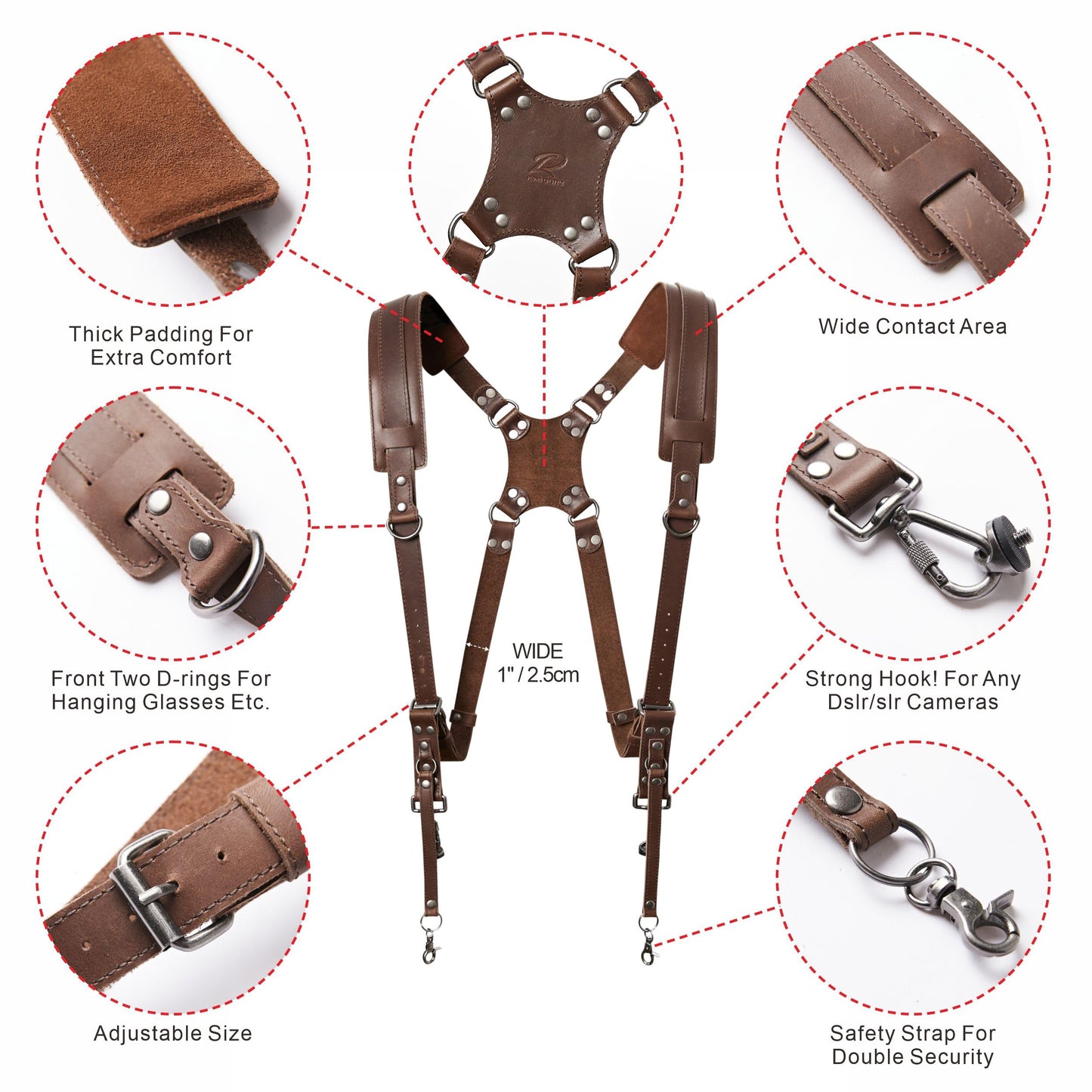 Padwa Lifestyle Dual Camera Harness Strap for Two-Cameras - Dual Shoulder Full Grain Leather Harness,Multi Double Camera Gear for DSLR/SLR Strap,Double Camera Harness for Photographers,Brown