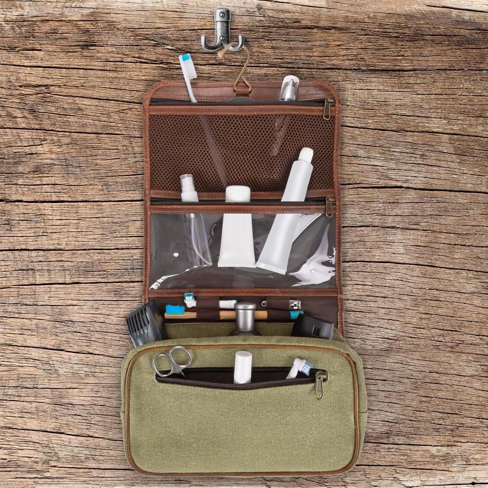 moonster Hanging Toiletry Bag for Men & Women, Leather Travel Bag with Hanging Hook, Dopp Kit Shower Bag