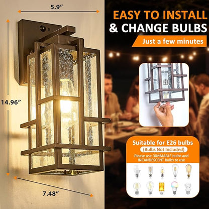 Motion Sensor Outdoor Wall Light Fixture, Dusk to Dawn Porch Light Oil Rubbed Bronze Exterior Lighting with Seeded Tempered Glass, Waterproof Outside Wall Mount Coach Lamp for House, Patio, Garage