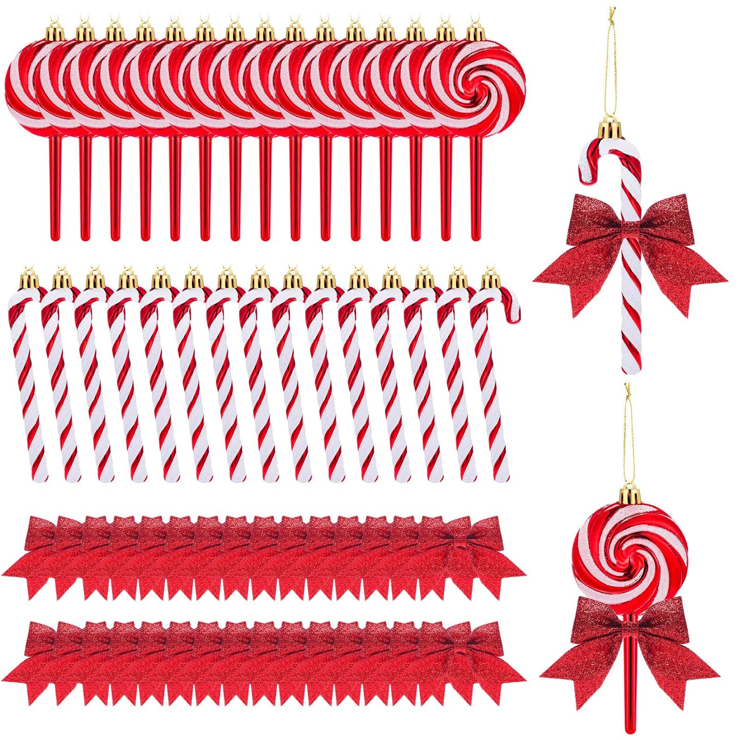 Pinkunn 30 Set Christmas Candy Cane Ornament with Bow Peppermint Candy Cane Christmas Tree Decoration Plastic Lollipop and Bow Hanging Ornaments for Xmas Tree Wreaths Holiday Decorations(Red)