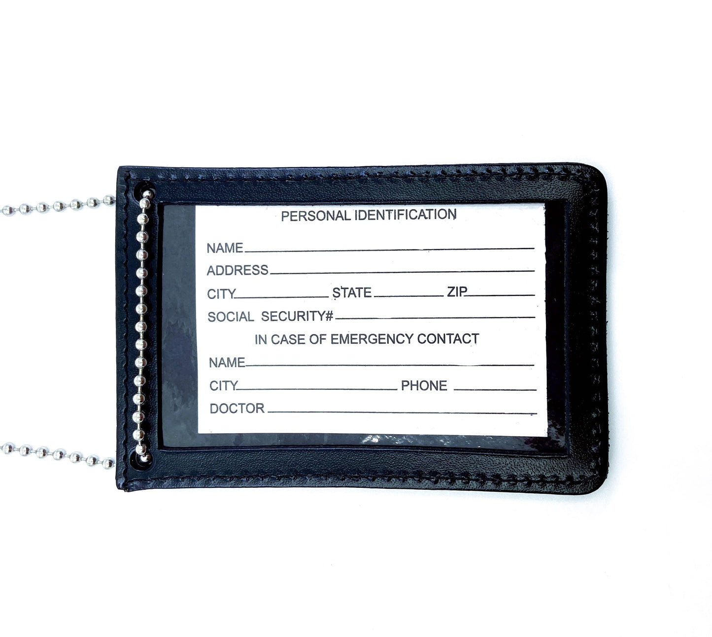 Neck Chain Double Sided ID Holder with 2 Clear Picture ID Windows, Leather Badge for Credential Pass to Wear Around The Neck for Police Law Enforcement, Business, Factory Worker (Black) (Vertical)