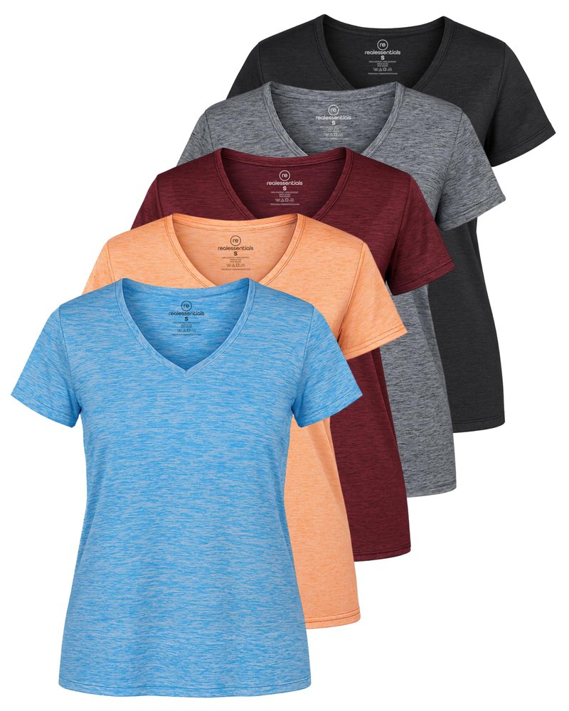 Real Essentials 5 Pack: Women's Dry-Fit Short Sleeve V Neck T Shirt Workout Fitness Yoga Top Tee, Set 2, XXL