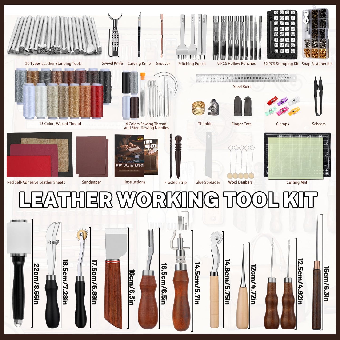 CBHGFEA Leather Working Kit, Leather Working Tools and Crafting Kit with Custom Storage Bag, Engraving, Cutting, Sewing, Stamping, Sanding Supplies for DIY Handicraft Making and Repair