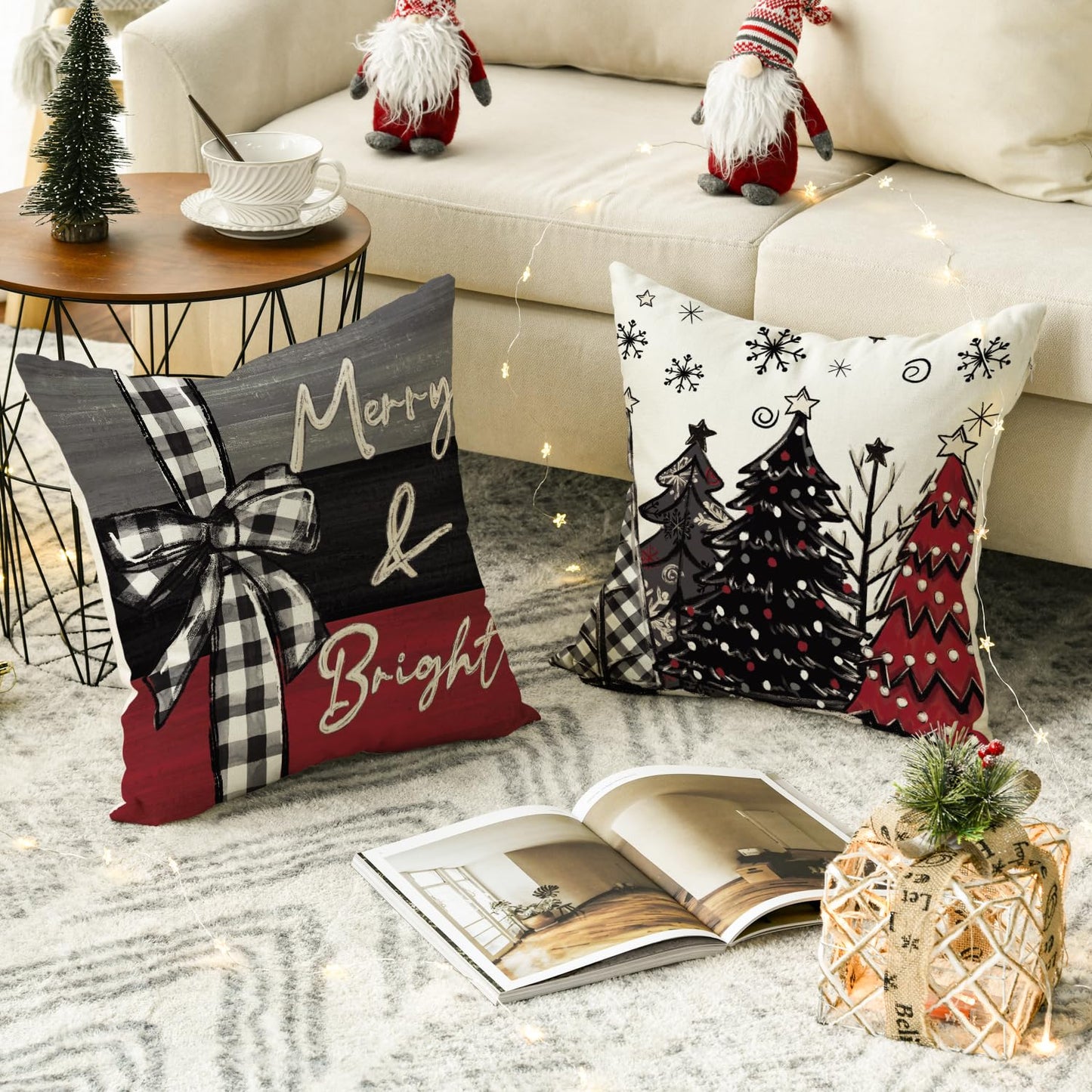 Merry Christmas Joy Xmas Trees Red Throw Pillow Covers, 16x16 Inch Christmas Winter Holiday Cushion Case Decoration for Sofa Couch Set of 4